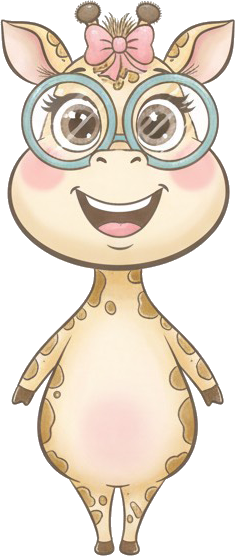 Ashley the Giraffe — a friendly giraffe with teal glasses and a pink bow